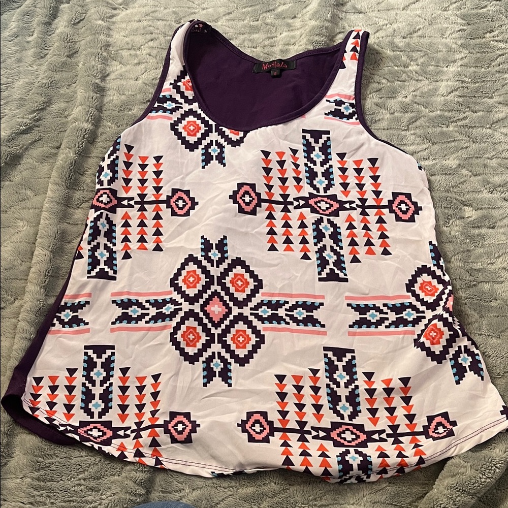 Sleeveless Tank Top in White with Purple & Orange Geometric Print